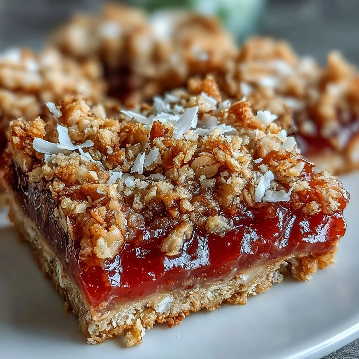 Freshly baked Guava Jam Bars with Coconut Macadamia Oat Crumble cut into squares.