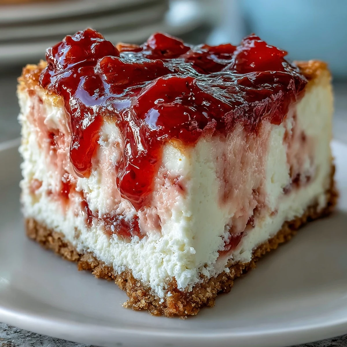 Sliced Easy Guava Swirl Cheesecake showing creamy layers and rich guava swirls, garnished with fresh mint leaves.