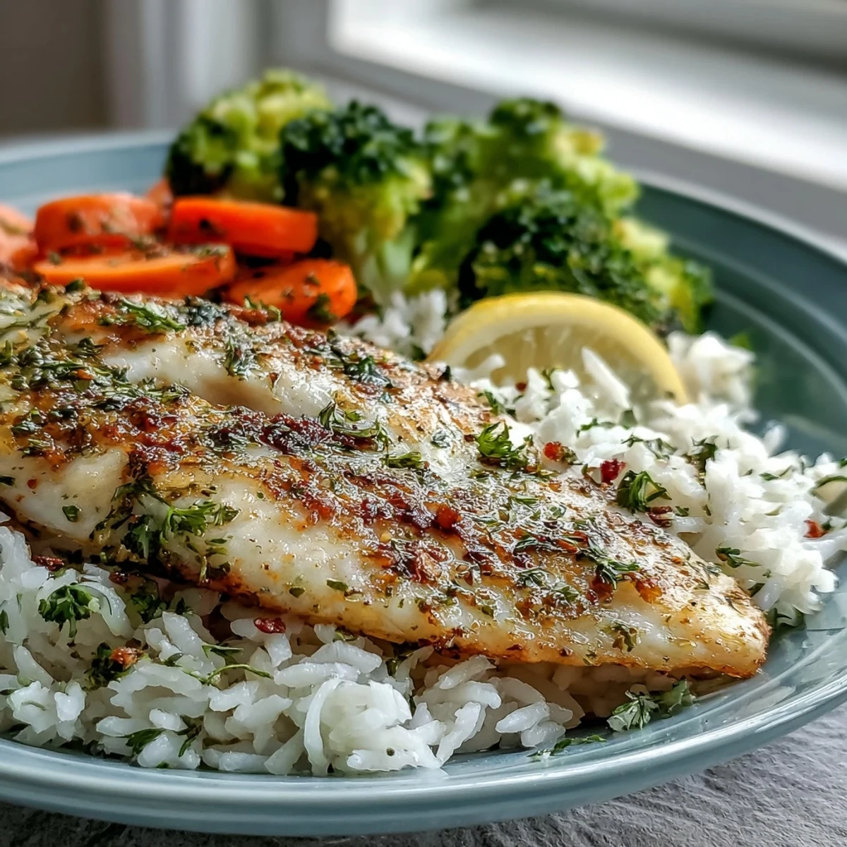 Golden-brown baked tilapia, rice, and crisp-tender vegetables ready for a healthy dinner.