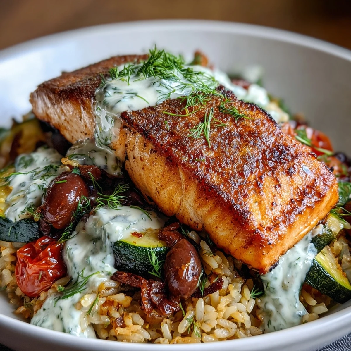 A close-up shows a fork-ready serving of the Crispy Rice Salmon Bowl, drizzled with creamy lemon-yogurt sauce and fresh herbs. 