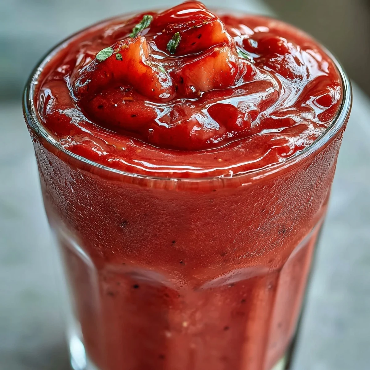 Two chilled guava juice smoothies, garnished with mango chunks and a mint sprig.