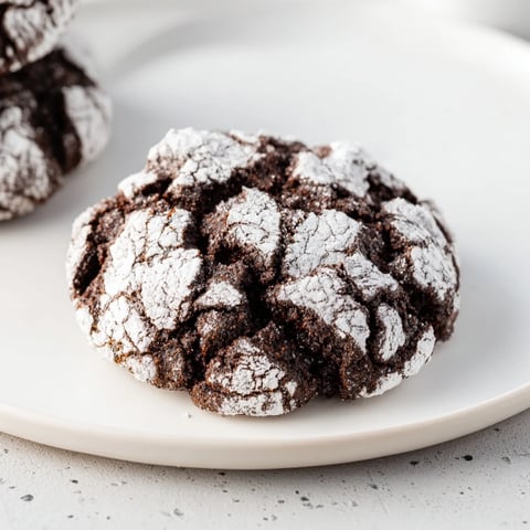 Close-up of freshly baked Chocolate Crinkle Cookies, covered in powdered sugar, ready to eat.