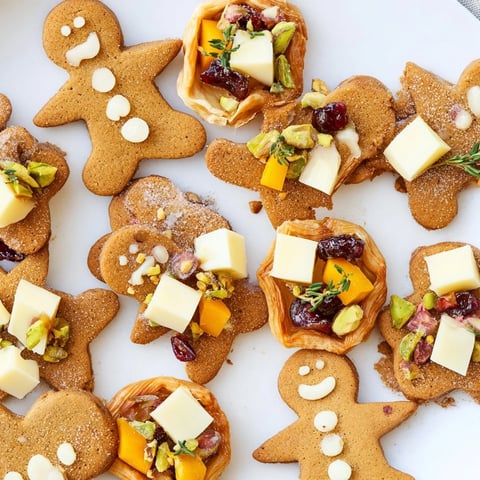 Festive Christmas Joy Trios arranged on a platter, showcasing gingerbread mini cookies and white chocolate bark.