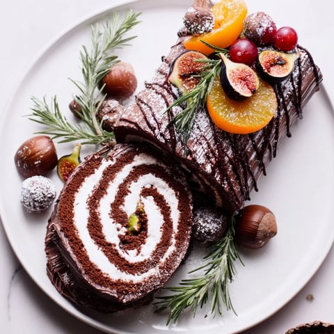 A beautiful Winter Warmer: Fireplace Log dessert board loaded with chocolate roulade and festive treats.
