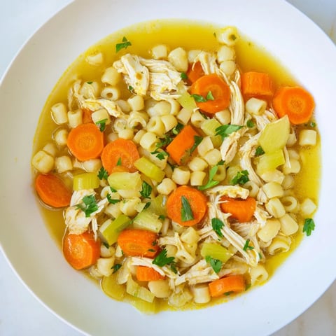 Steaming hot Chicken and Ditalini Flu Fighter Soup, garnished with fresh parsley and lemon.