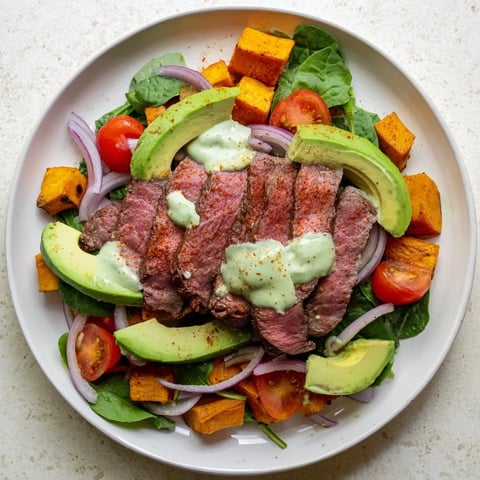 A colorful Beef Avocado Sweet Potato Bowl with tender beef and creamy avocado, ready to enjoy.