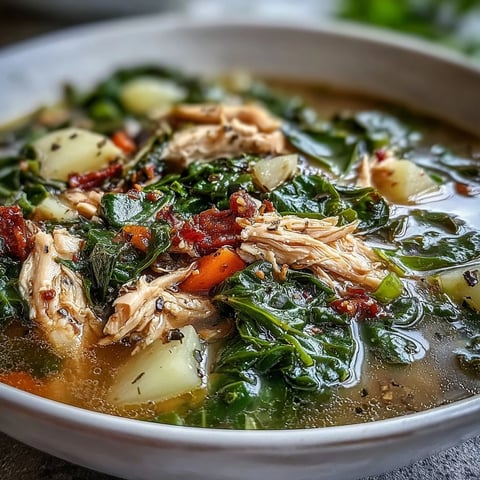 Steaming bowl of Collard Greens, Chicken and Vegetable Soup garnished with fresh herbs.