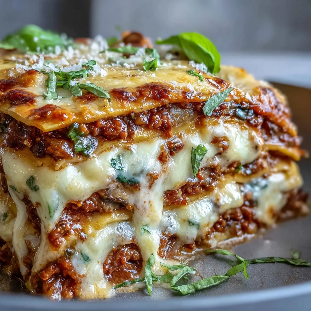 Golden, bubbly mozzarella and Parmesan top the finished One-Pan Smoky Veggie Lentil Lasagne, garnished with fresh basil leaves.