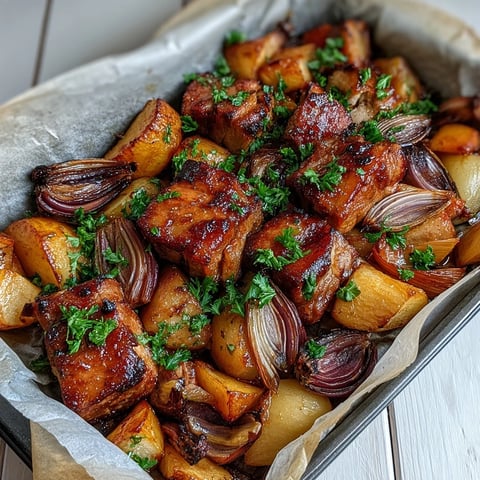 Golden, caramelized pork slices and tender rhubarb chunks roasted together on a baking tray with onions and herbs.  