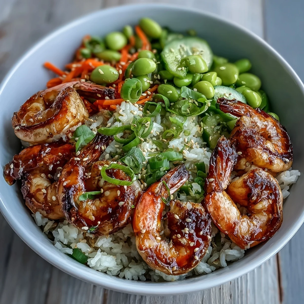 A close-up of an Asian Shrimp Bowl with grilled shrimp, edamame, and sliced carrots on fluffy rice, drizzled with ginger-sesame dressing.