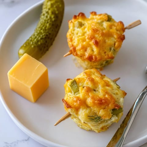 Fluffy muffins combined with tangy pickles and cheese on fun skewers.  
