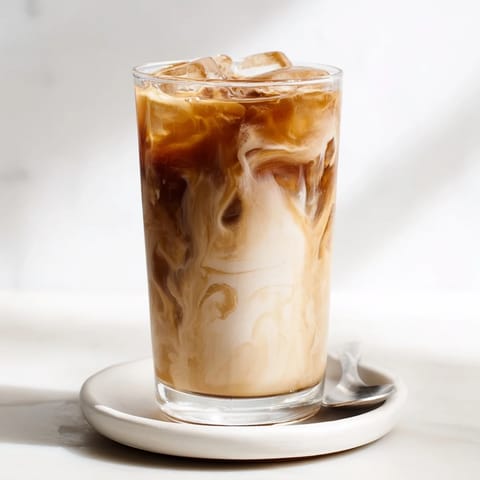 Creamy tahini iced coffee with ice cubes, served in tall glasses for summer refreshment.  