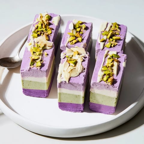 Vibrant ice cream bars showcasing layered ube and pistachio, ideal for gatherings.  