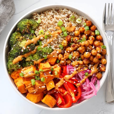 Colorful grain bowls showcasing miso-butter and gochujang-maple drizzles, perfect for dinner.  