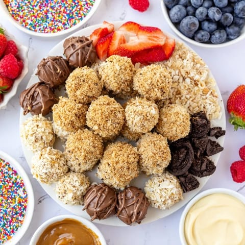 Irresistible cheesecake bites await drizzled with chocolate ganache and vibrant fruit toppings.  