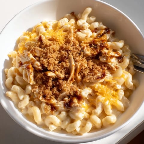 Deliciously cheesy Classic Mac & Cheese paired with smoky BBQ chicken layers.  