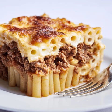 Delicious Greek Pastitsio served with fresh salad and a glass of red wine.  