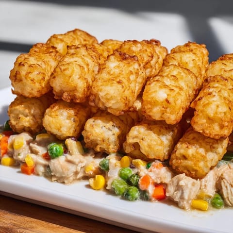 A baking dish filled with savory Tater Tot Chicken Pot Pie, ready for a comforting family dinner.