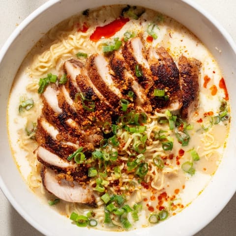 Scrumptious Fiery Chicken Ramen: a close-up of the flavorful broth with perfectly cooked noodles and chicken.