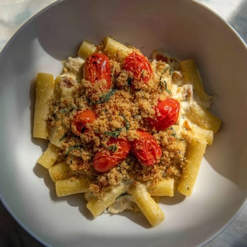 Creamy Baked Goat Cheese Snowflake Tomato Basil Pasta adorned with a snowflake topping, perfect for dinner.