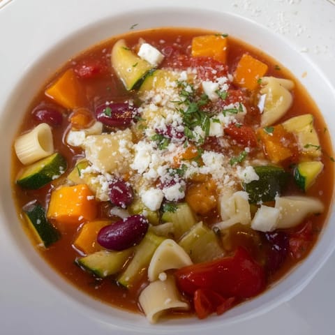 A close-up view of the Veggie-Packed Minestrone Christmas Pasta Pot, filled with flavorful pasta and beans.