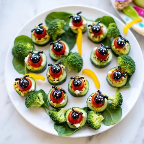 A whimsical Ladybug Garden Platter, creatively arranged with mozzarella, perfect for a kids' party.