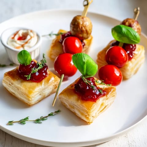 This Joy to the World Festive Appetizer Trio presents colorful, delicious mini caprese skewers with fresh basil.