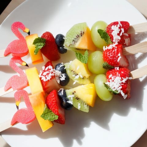 Colorful Flamingo Fruit Skewer Platter, a delightful mix of tropical fruits artfully arranged for a summer snack.