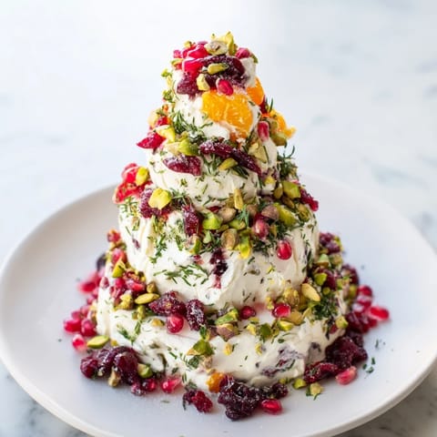 Flaky sea salt sparkles atop a festive Rosemary Cranberry Christmas Tree cheese spread for the holidays.