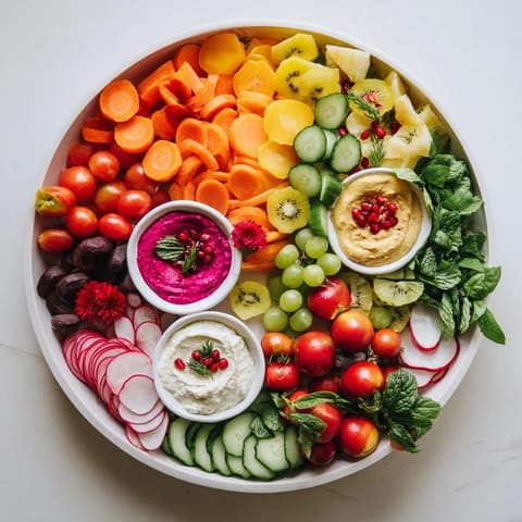 Colorful Vegan Global Gardener Platter, including hummus, guacamole, and a rainbow of fresh, sliced ingredients.