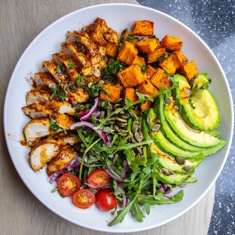 Perfectly sliced avocado tops this healthy Avocado and Sweet Potato Chicken Bowl with roasted sweet potatoes.