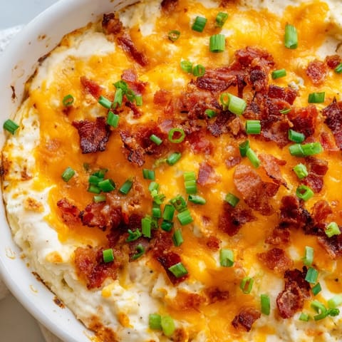 Warm, creamy Cheesy Bacon Ranch Dip fresh from the oven, perfect for dipping tortilla chips.