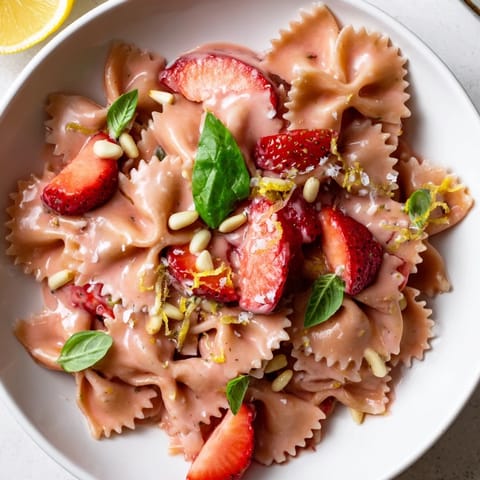 Creamy pink Strawberry Sour Cream Pasta, a delightful summer main dish, plated beautifully.