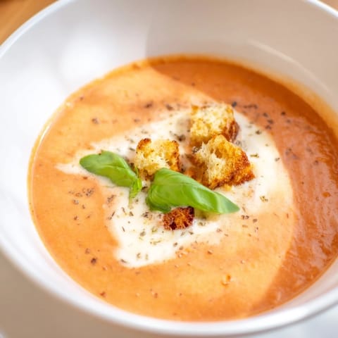 A close-up of the Creamy Roasted Garlic Tomato Soup, showcasing its rich, velvety texture.
