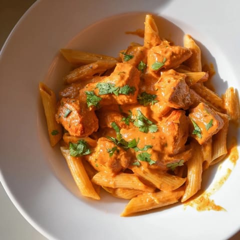 A comforting bowl of Chicken Tikka Pasta featuring tender, aromatic chicken tikka in a rich, creamy tomato sauce over perfectly cooked penne noodles.