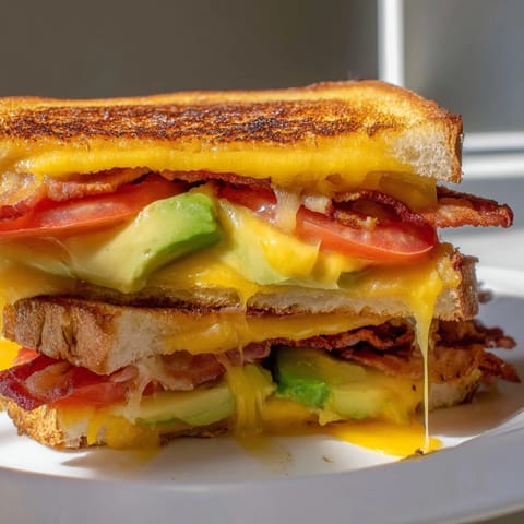 A close-up of the Avocado BLT Grilled Cheese with gooey cheese oozing from buttery sourdough, layered with smoky bacon, creamy avocado, and juicy tomato slices.