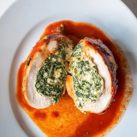 Tender chicken breasts stuffed with creamy ricotta and spinach, baked until golden in a savory tomato sauce with fresh basil garnish.
