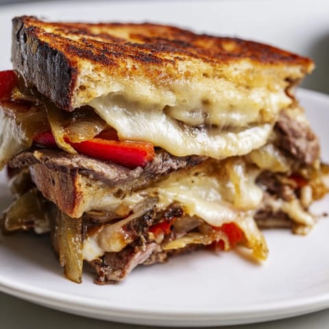 Philly cheesesteak grilled cheese cut diagonally, revealing juicy meat and colorful veggies between buttery sourdough slices.  