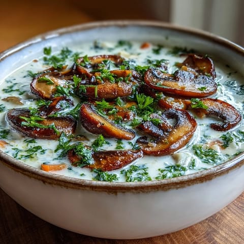Creamy Mushroom Stroganoff Soup steaming in a rustic bowl with a fresh parsley garnish.
