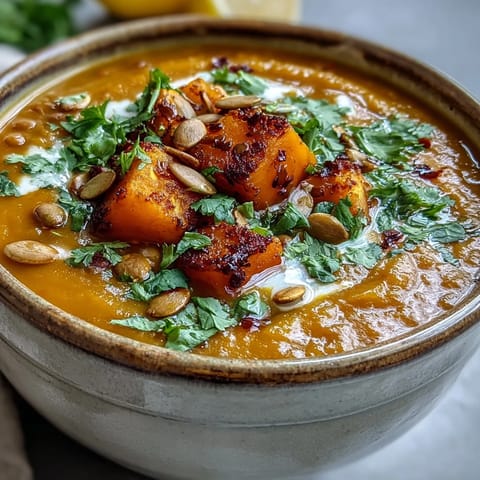 Golden roasted butternut squash and lentil soup served steaming hot in a rustic white bowl garnished with fresh cilantro.