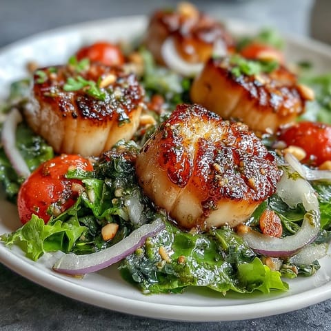 Perfectly golden pan-seared scallops served with a fresh escarole salad featuring cherry tomatoes and pine nuts.  