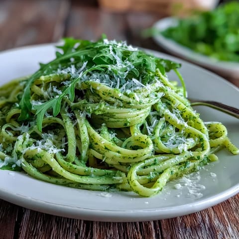 Fresh arugula pesto coats al dente linguine in this nut-free, vegetarian pasta recipe, garnished with extra greens.