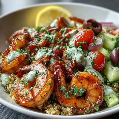 A colorful Mediterranean Shrimp Bowl features diced cucumbers, cherry tomatoes, and Kalamata olives, garnished with fresh parsley and lemon wedges.