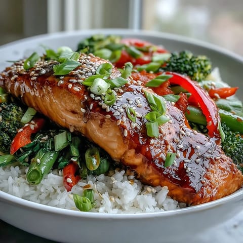 A close view of a savory Teriyaki Salmon Bowl featuring juicy salmon, colorful veggies, and sesame seeds.