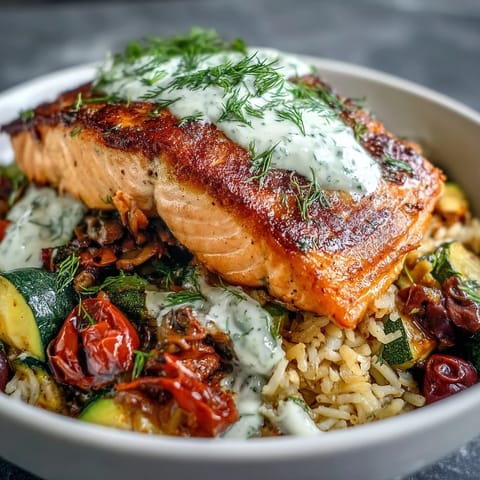 Golden, crispy rice forms the base of this Mediterranean Crispy Rice Salmon Bowl, topped with pan-seared salmon and vibrant, sautéed vegetables. 
