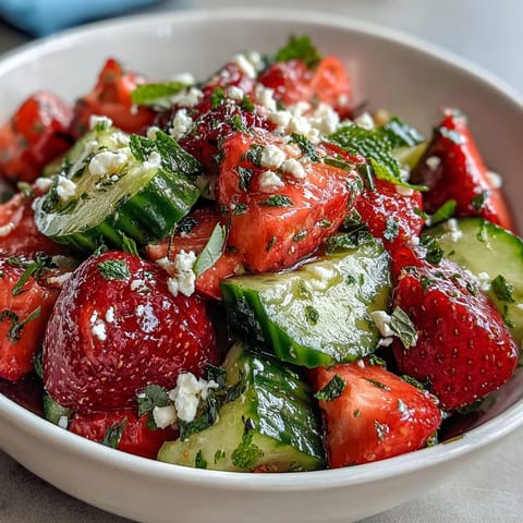 Spring Food Cucumber and Strawberry Salad with Mint—a vibrant, refreshing dish of crisp cucumber, juicy strawberries, and fragrant mint leaves tossed in a light lemon-honey dressing.