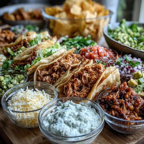 Festive Cinco de Mayo taco bar spread with grilled chicken, seasoned beef, and colorful toppings for a DIY feast.