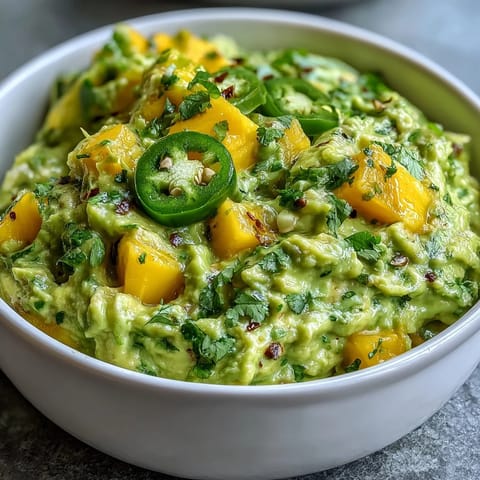 Creamy Cinco de Mayo guacamole with juicy mango and spicy jalapeño, perfect for dipping with tortilla chips.