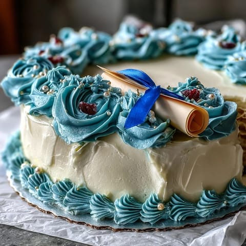 A festive sheet cake decorated with buttercream roses and an edible diploma, perfect for graduation celebrations.  