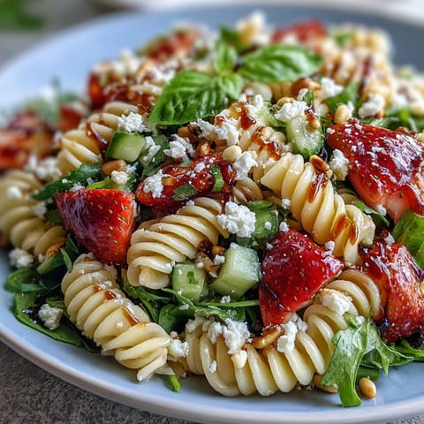 Spring Pasta Salad with Strawberries, Feta, and Arugula in a white bowl, featuring colorful strawberries, arugula, and feta crumbles over al dente pasta, drizzled with balsamic dressing.